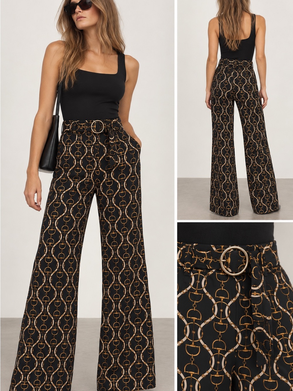 NWT Zara Black Wide-Leg Chain-Print Pants with Belt Size: M